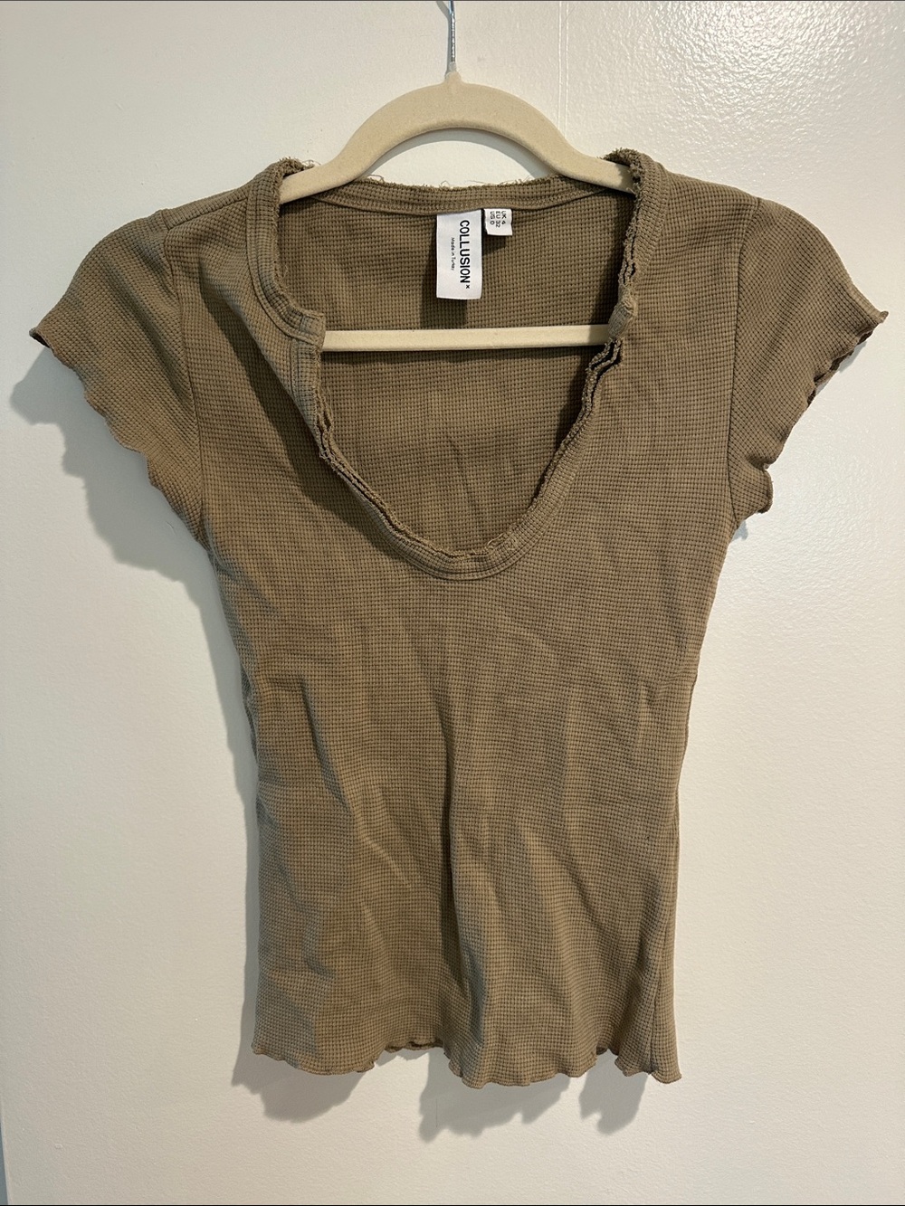 Collusion Olive Waffle Scoop Neck Short Sleeve Tee